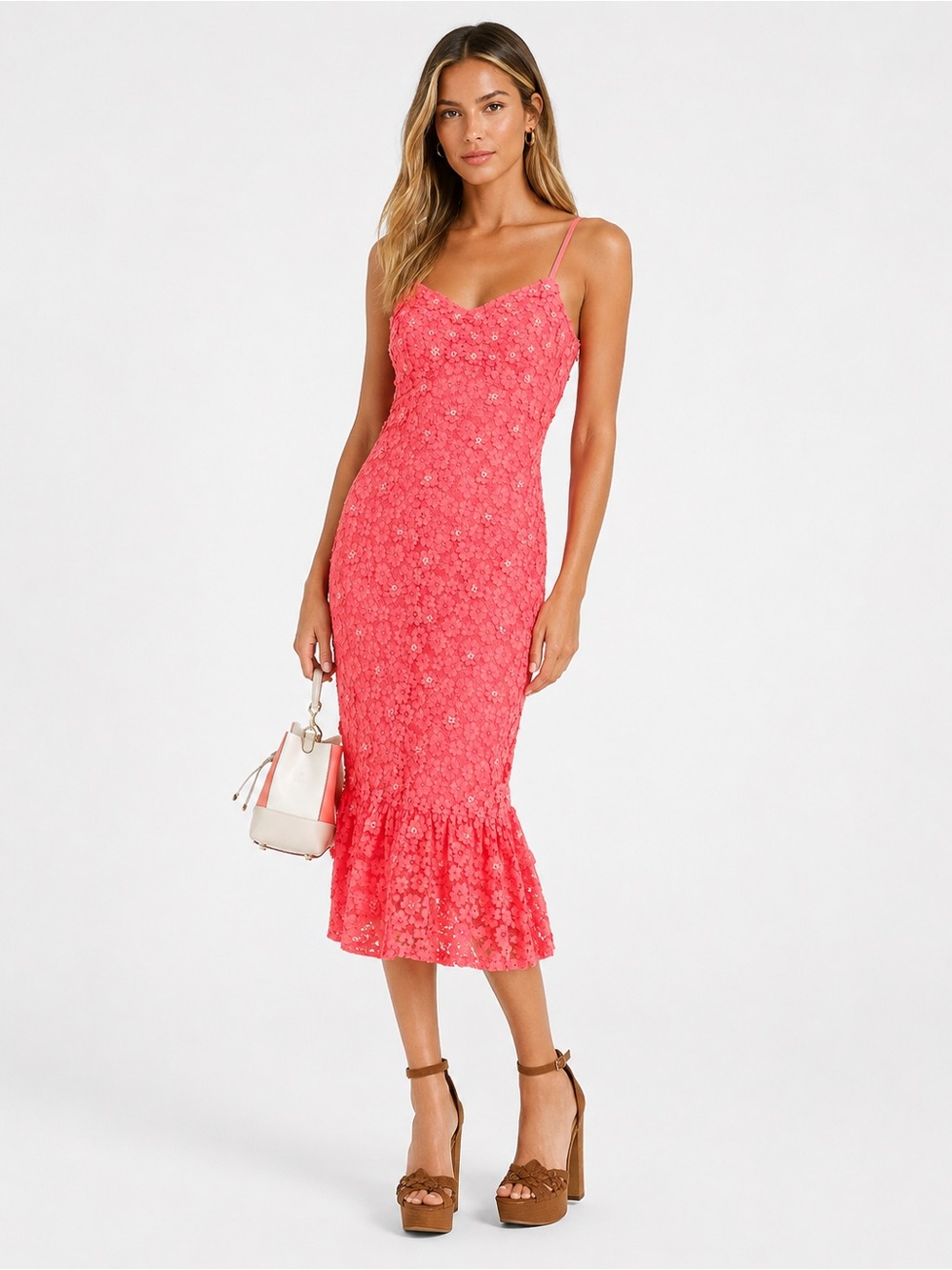Michael Kors Coral Lace Midi Dress with Ruffle Hem